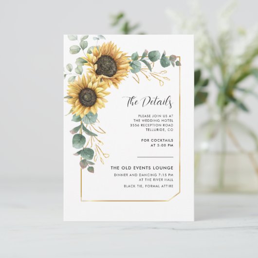 Zonnebloem bloemblaadje bruiloft details informatiekaartje (Staand voorkant)