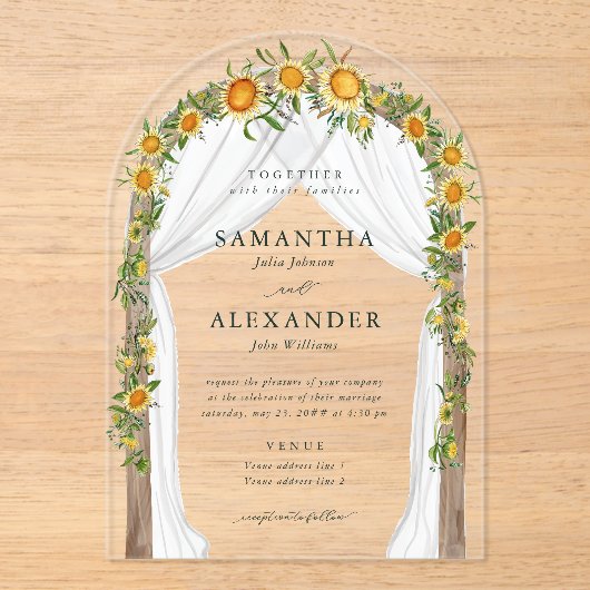 Zonnebloem Bloemboog Zomer Herfst Boho Huwelijk Acryl Uitnodigingen (Voorkant)