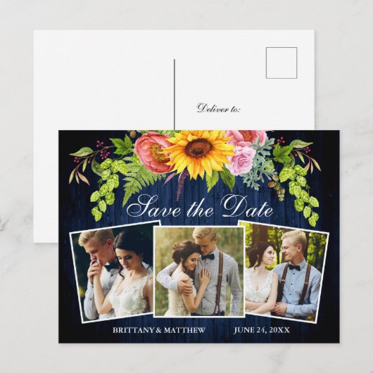 Zonnebloem Bloemen Blauw Hout 3 Foto Save the Date Briefkaart (Voorkant / Achterkant)