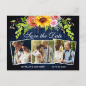 Zonnebloem Bloemen Blauw Hout 3 Foto Save the Date Briefkaart (Voorkant)