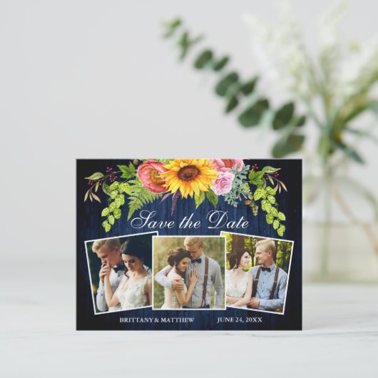 Zonnebloem Bloemen Blauw Hout 3 Foto Save the Date Briefkaart (Staand voorkant)