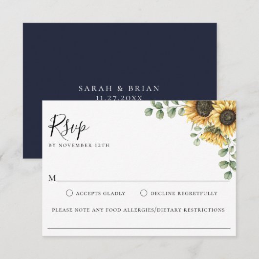 Zonnebloem Bloemen Bruiloft Voedsel Allergie RSVP (Voorkant / Achterkant)