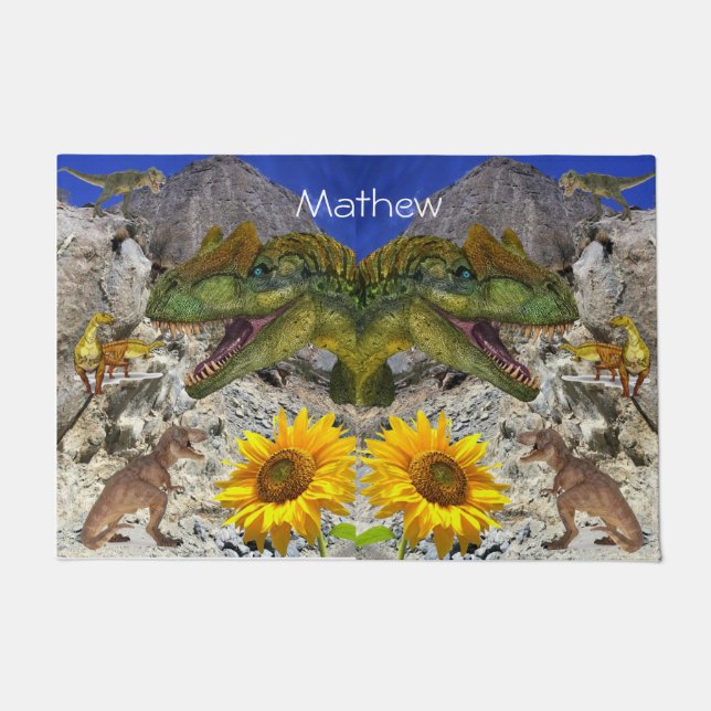 Zonnebloem Bloemen Dinosaurus Door Mat (Voorkant)