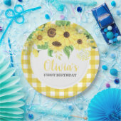 Zonnebloem Bloemen en Plaid Zomer Eerste Verjaarda Papieren Bordje (Feest)