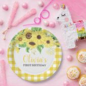 Zonnebloem Bloemen en Plaid Zomer Eerste Verjaarda Papieren Bordje (Feest)