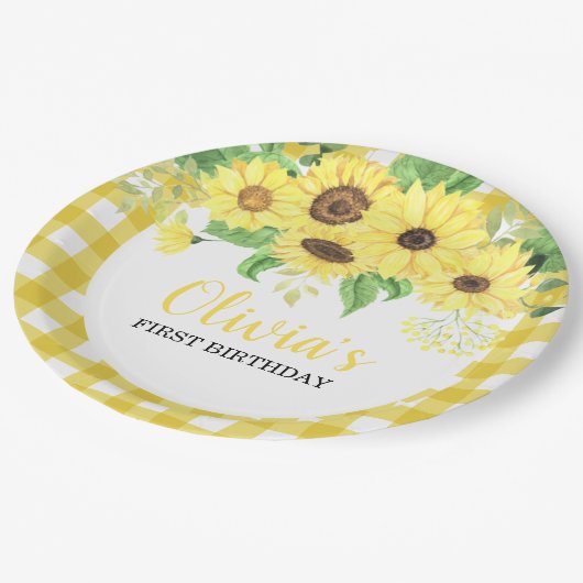 Zonnebloem Bloemen en Plaid Zomer Eerste Verjaarda Papieren Bordje (Gekanteld)