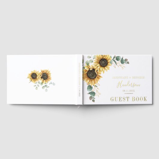 Zonnebloem Bloemen Eucalyptus Bruiloft Gouden foli Gastenboek (Volledig)