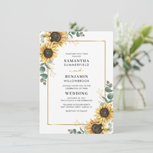 Zonnebloem Bloemen Eucalyptus Waterverf Bruiloft Kaart (Staand voorkant)