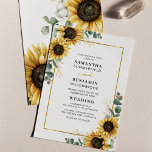 Zonnebloem Bloemen Eucalyptus Waterverf Bruiloft Kaart<br><div class="desc">Zonnebloem Eucalyptus Geometric Wedding Invitation. Creëer een moderne Sunflower Floral Budget Wedding-uitnodigingskaart met deze leuke sjabloon met prachtige rustige floral bouquet, geometrisch goudeffect-lijst, met moderne eenvoudige typografie. TIP: Overeenkomende trouwsuite-kaarten zoals RSVP, trouwprogramma's, banners, tapestry, cadeaubonnen, labels, borden en andere bruiloft-keepsakes en -godies zijn beschikbaar in het collectie hieronder met dit...</div>