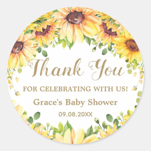 Zonnebloem Bloemen Favor Bruids Baby shower Verjaa Ronde Sticker (Voorkant)