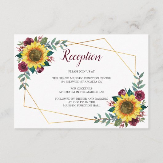 Zonnebloem Bloemen Geometrische Bruiloft Receptie Informatiekaartje (Voorkant)