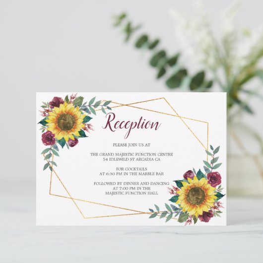 Zonnebloem Bloemen Geometrische Bruiloft Receptie Informatiekaartje (Staand voorkant)