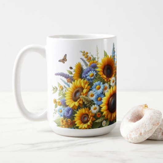 Zonnebloem Bloemen Gepersonaliseerde Mok (Met donut)