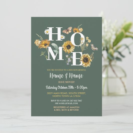 Zonnebloem Bloemen Housewarming Spring Green Party Kaart (Staand voorkant)