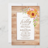 Zonnebloem Bloemen Hout Bruiloft Receptie Kaart (Voorkant)
