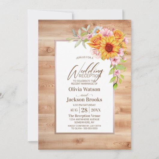 Zonnebloem Bloemen Hout Bruiloft Receptie Kaart (Voorkant)