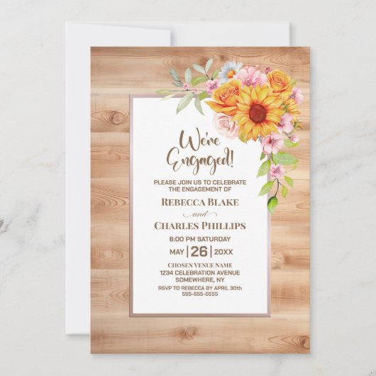 Zonnebloem Bloemen Houten Verlovingsfeest Kaart (Voorkant)