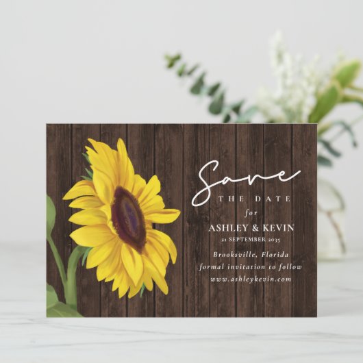 Zonnebloem Bloemen Over Hout Wedding Save The Date (Staand voorkant)