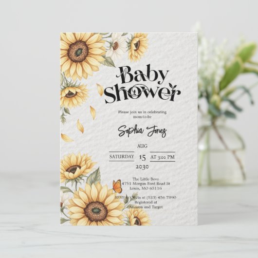 Zonnebloem Bloemen Rustiek Baby shower Uitnodiging (Staand voorkant)