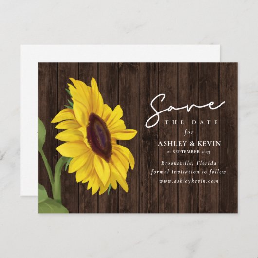Zonnebloem Bloemen Rustiek Hout Wedding Save The D Aankondigingskaart (Voorkant / Achterkant)