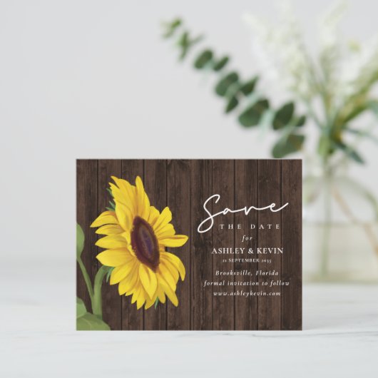 Zonnebloem Bloemen Rustiek Hout Wedding Save The D Aankondigingskaart (Staand voorkant)
