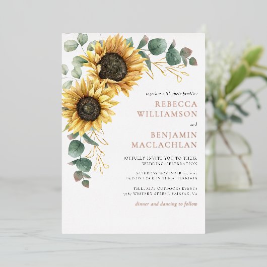 Zonnebloem Bloemen Rustieke bruiloft Roos Goud Folie Uitnodiging (Staand Voorkant)