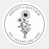 Zonnebloem Bloemen Zwart Wit Net Getrouwd Trouwen Ronde Sticker (Voorkant)