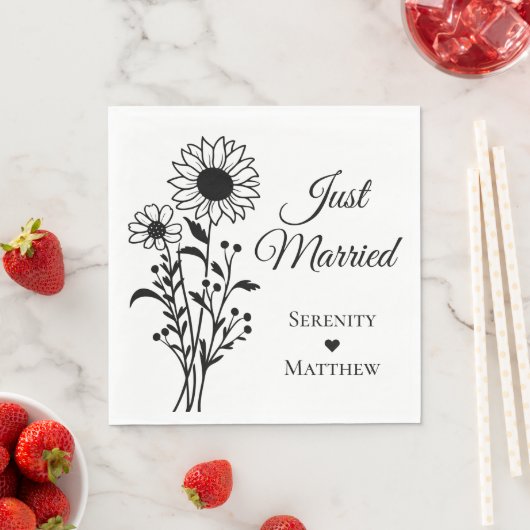 Zonnebloem Bloemen Zwart Wit Net Getrouwd Trouwen Servet (Insitu)