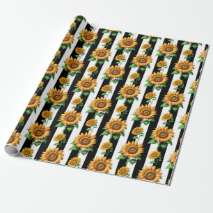 Zonnebloem Bloemen Zwart Witte Strepen Cadeaupapier