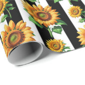 Zonnebloem Bloemen Zwart Witte Strepen Cadeaupapier (Rol Hoek)