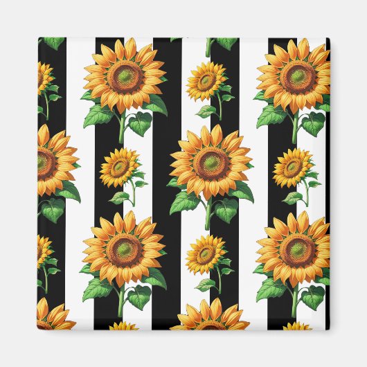 Zonnebloem Bloemen Zwart Witte Strepen Magneet (Voorkant)
