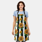 Zonnebloem Bloemen Zwart Witte Strepen Schort (Gedragen)