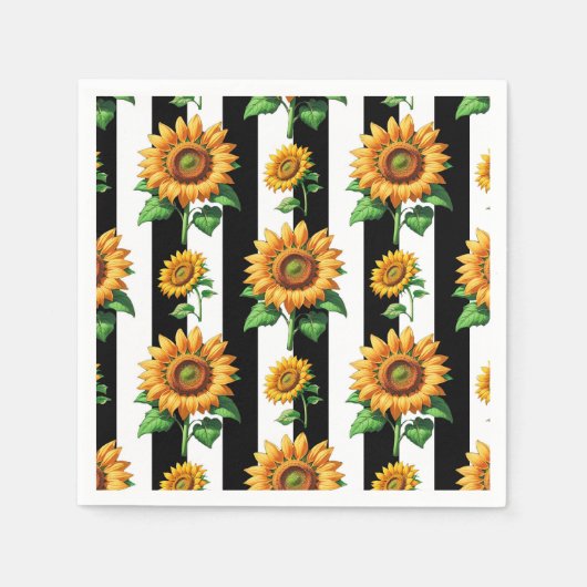 Zonnebloem Bloemen Zwart Witte Strepen Servet (Voorkant)