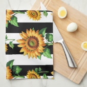 Zonnebloem Bloemen Zwart Witte Strepen Theedoek (Quarter Fold)