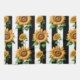 Zonnebloem Bloemen Zwart Witte Strepen Theedoek