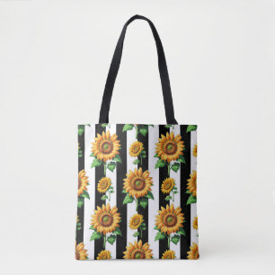 Zonnebloem Bloemen Zwart Witte Strepen Tote Bag