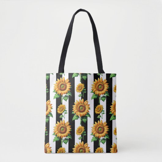 Zonnebloem Bloemen Zwart Witte Strepen Tote Bag (Voorkant)