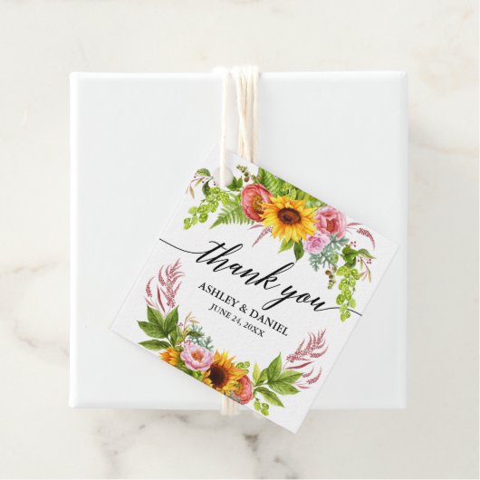 Zonnebloem bloemenbruiloft kalligrafie dank u bedankjes labels (In situ)