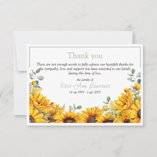 Zonnebloem bloemengedicht 'Forever in the sun' lij Bedankkaart (Voorkant)