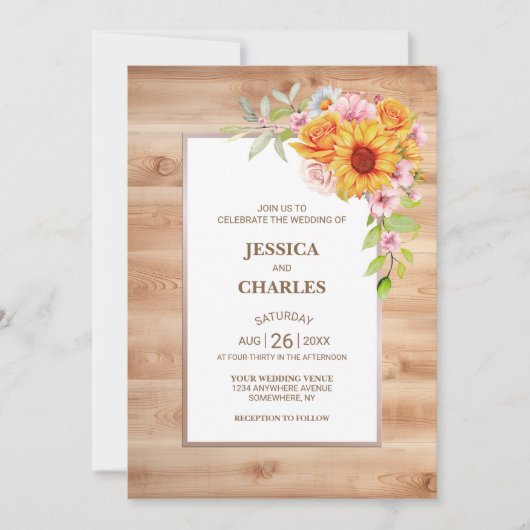 Zonnebloem bloemenhout bruiloft kaart (Voorkant)