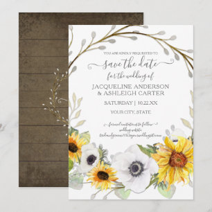 Zonnebloem Bloemige Rustieke Aquarel Save the Date Kaart