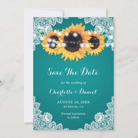 Zonnebloem Bloemrijke Kant String Licht Turquoise Save The Date (Voorkant)