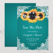 Zonnebloem Bloemrijke Kant String Licht Turquoise Save The Date (Voorkant / Achterkant)