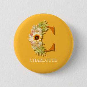 Zonnebloem bloemstuk met letter C en naam Ronde Button 5,7 Cm