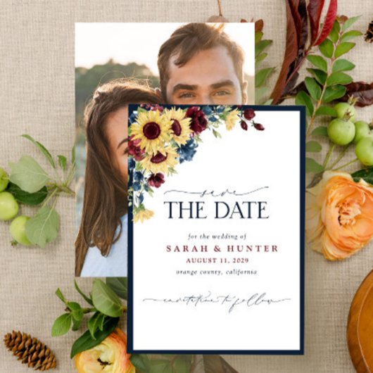 Zonnebloem Blue Burgundy Script Photo Weduwschap Save The Date