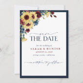 Zonnebloem Blue Burgundy Script Photo Weduwschap Save The Date (Voorkant)