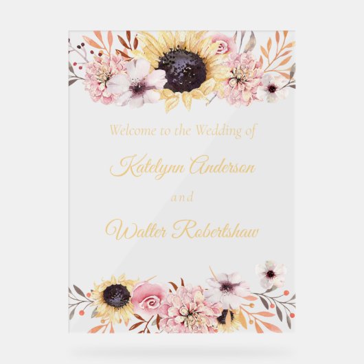 Zonnebloem Boeket Bruiloft Welkom Acryl Bord (Voorkant)