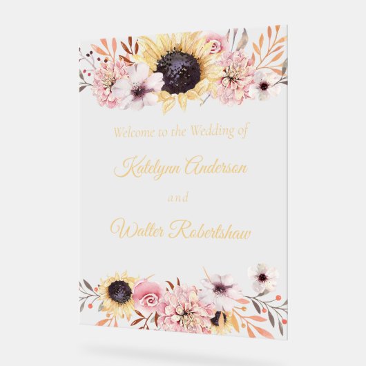 Zonnebloem Boeket Bruiloft Welkom Acryl Bord (Hoek)