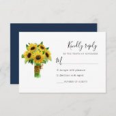 Zonnebloem boeket en marine bruiloft reactie kaart (Voorkant / Achterkant)