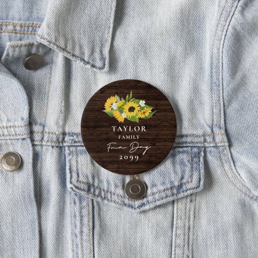 Zonnebloem boeket rustiek hout familie reünie ronde button 7,6 cm (In situ)